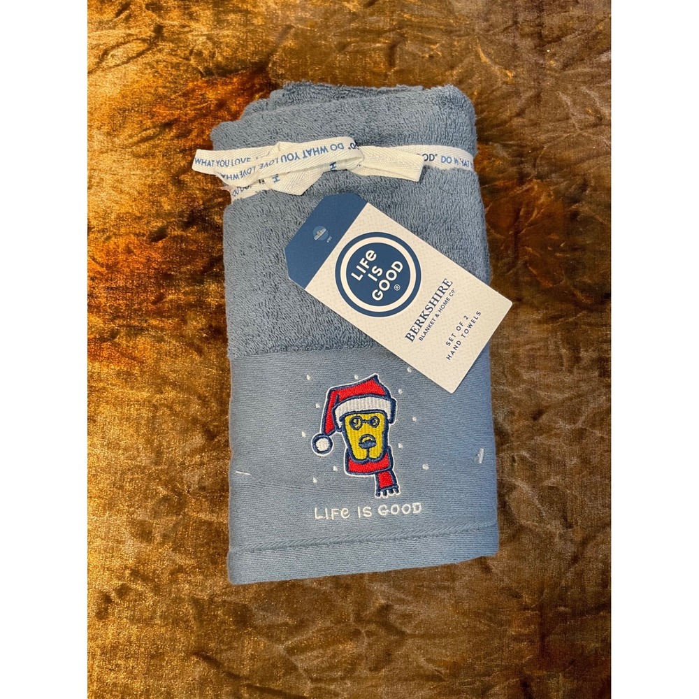 Life is Good Berkshire Christmas Hand Towels Set of 2 Blue Santa Dog Rocket NWT